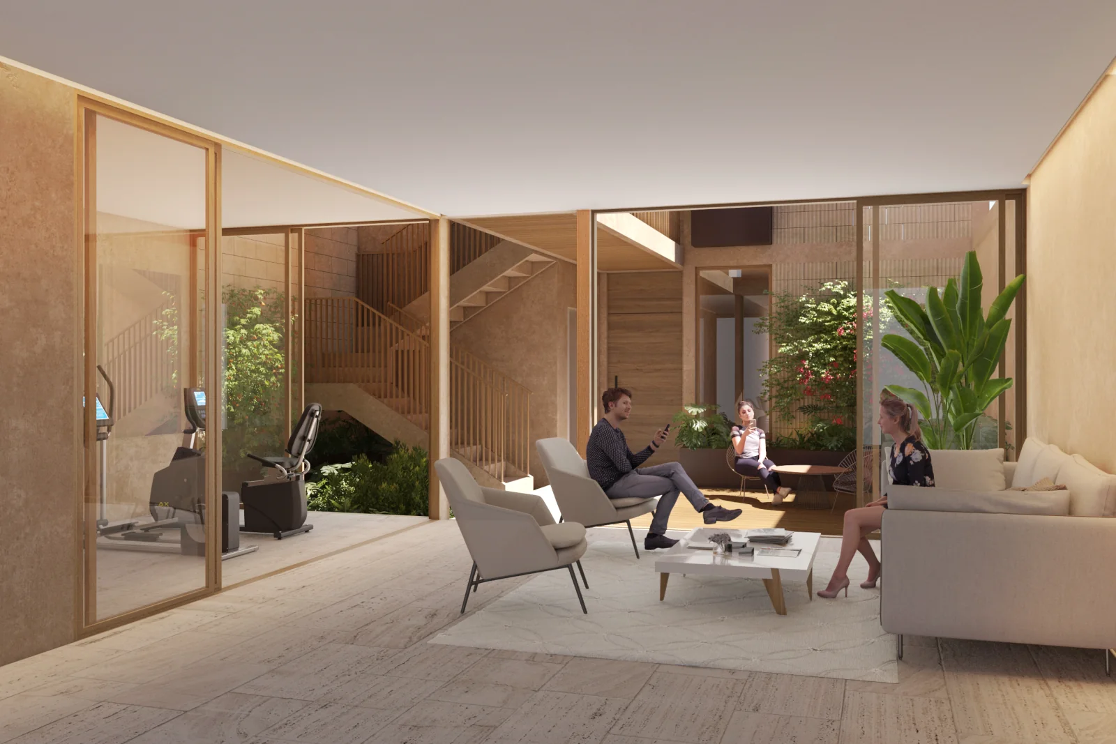 Render de sala y jardín de Torre Ganges