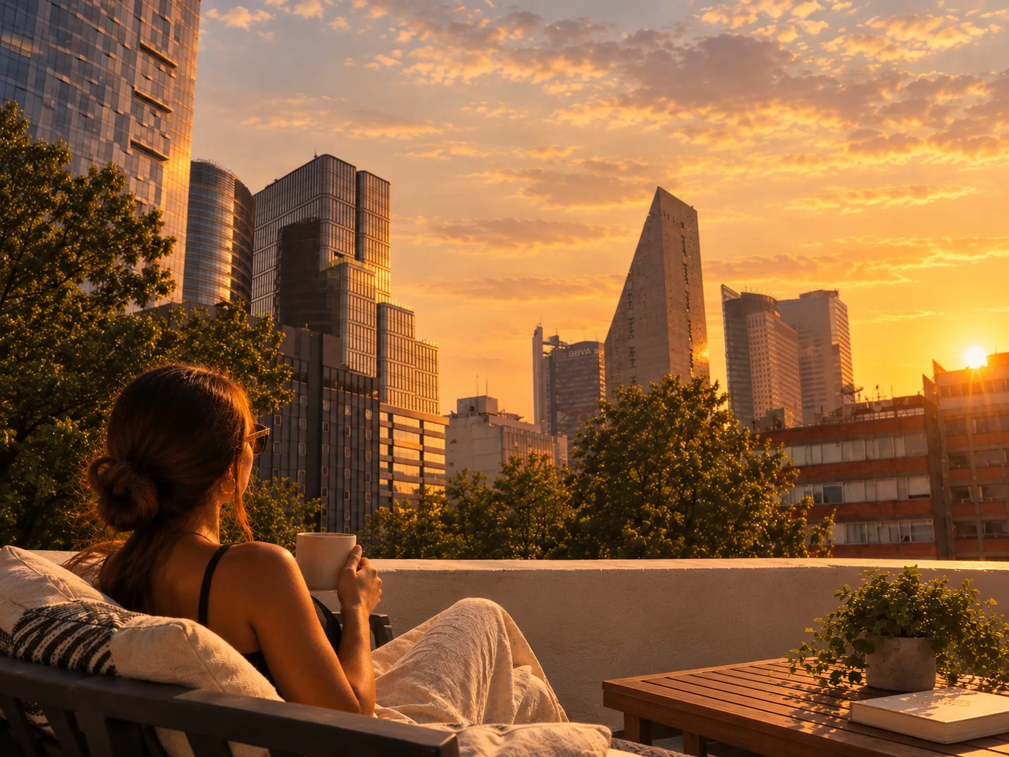 Mujer disfrutando un café frente a Paseo de la Reforma al atardecer