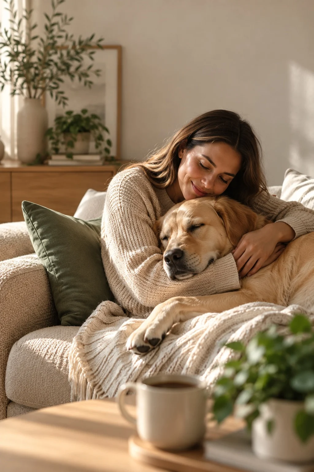 Mujer abrazando a su perro mientras descansan en casa