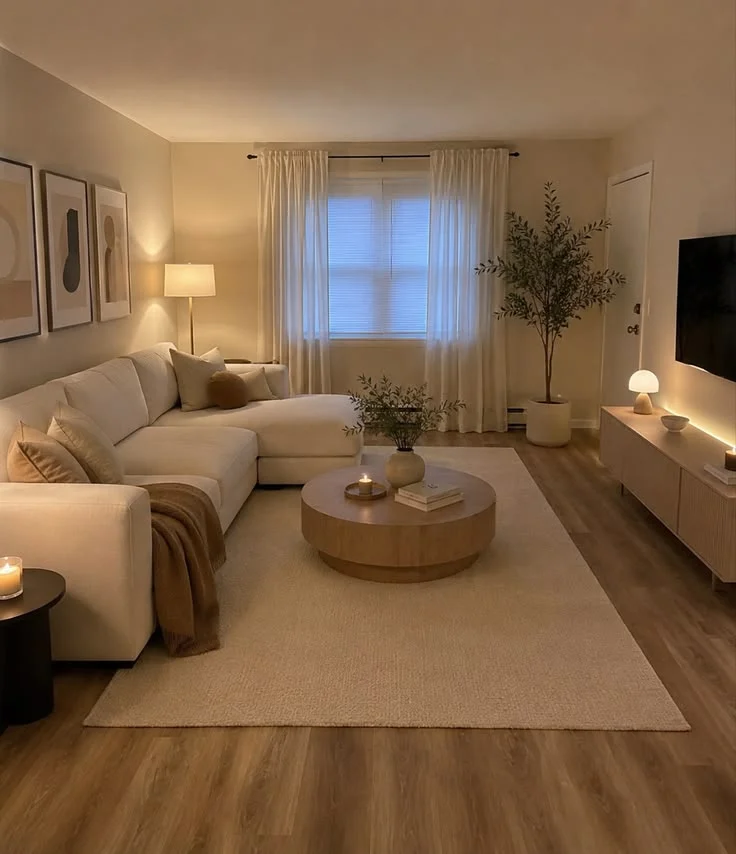Sala serena con sofá claro, plantas y mesa de centro