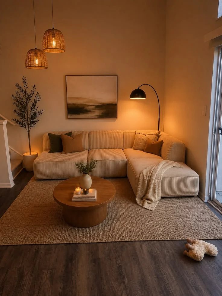 Sala con sofá cálido y lámparas de ratán