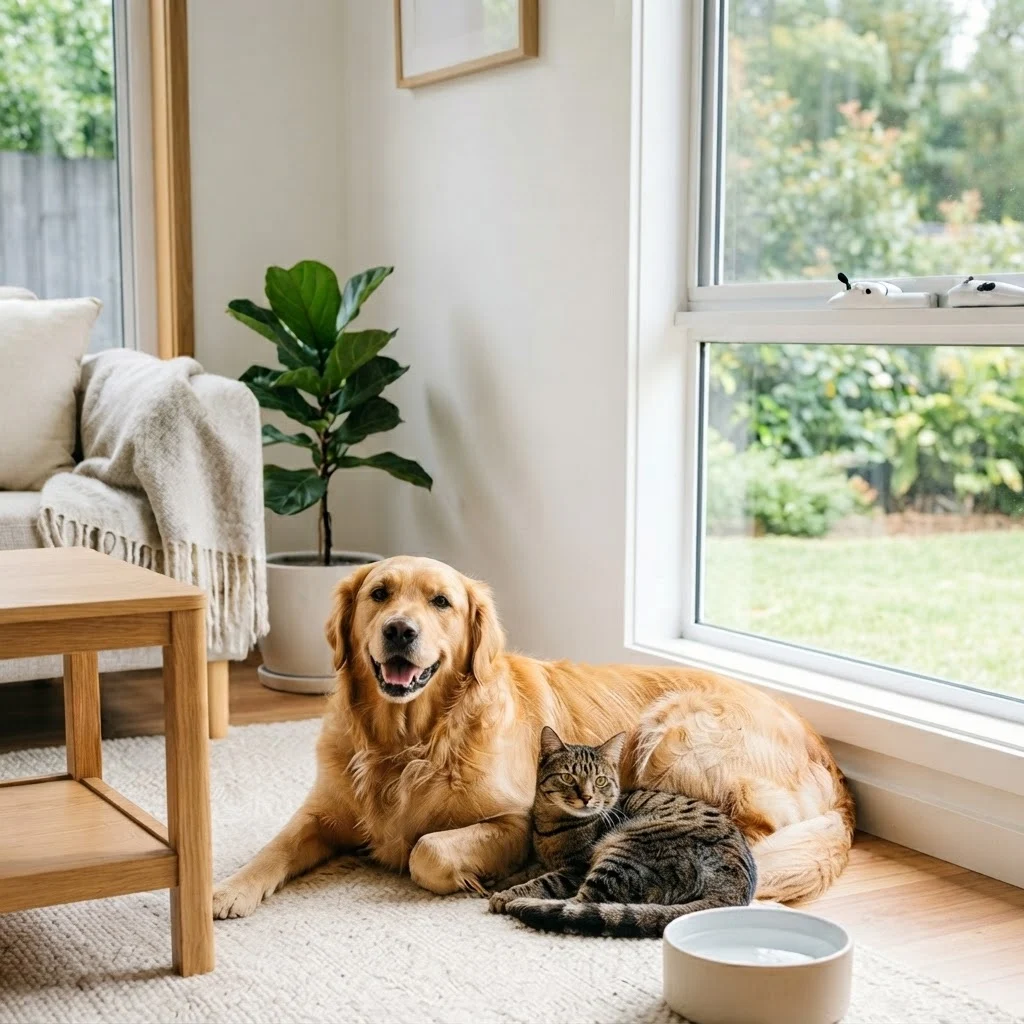 Perro y gato descansando juntos junto a una ventana