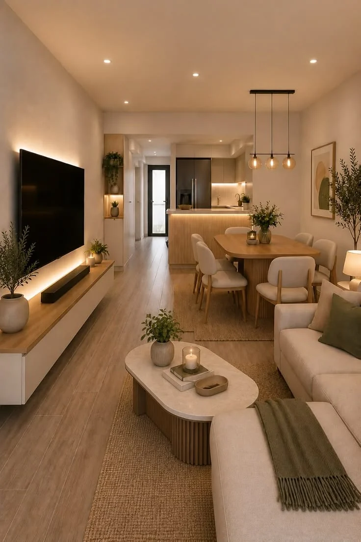 Sala y comedor con materiales naturales e iluminación cálida