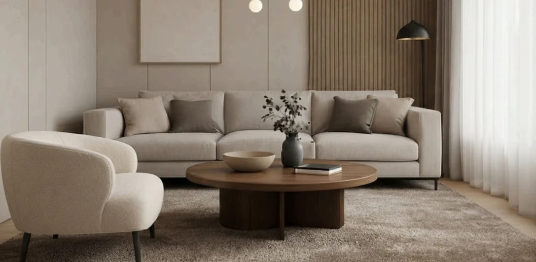 Sala luminosa con sofá, sillón y mesa de centro