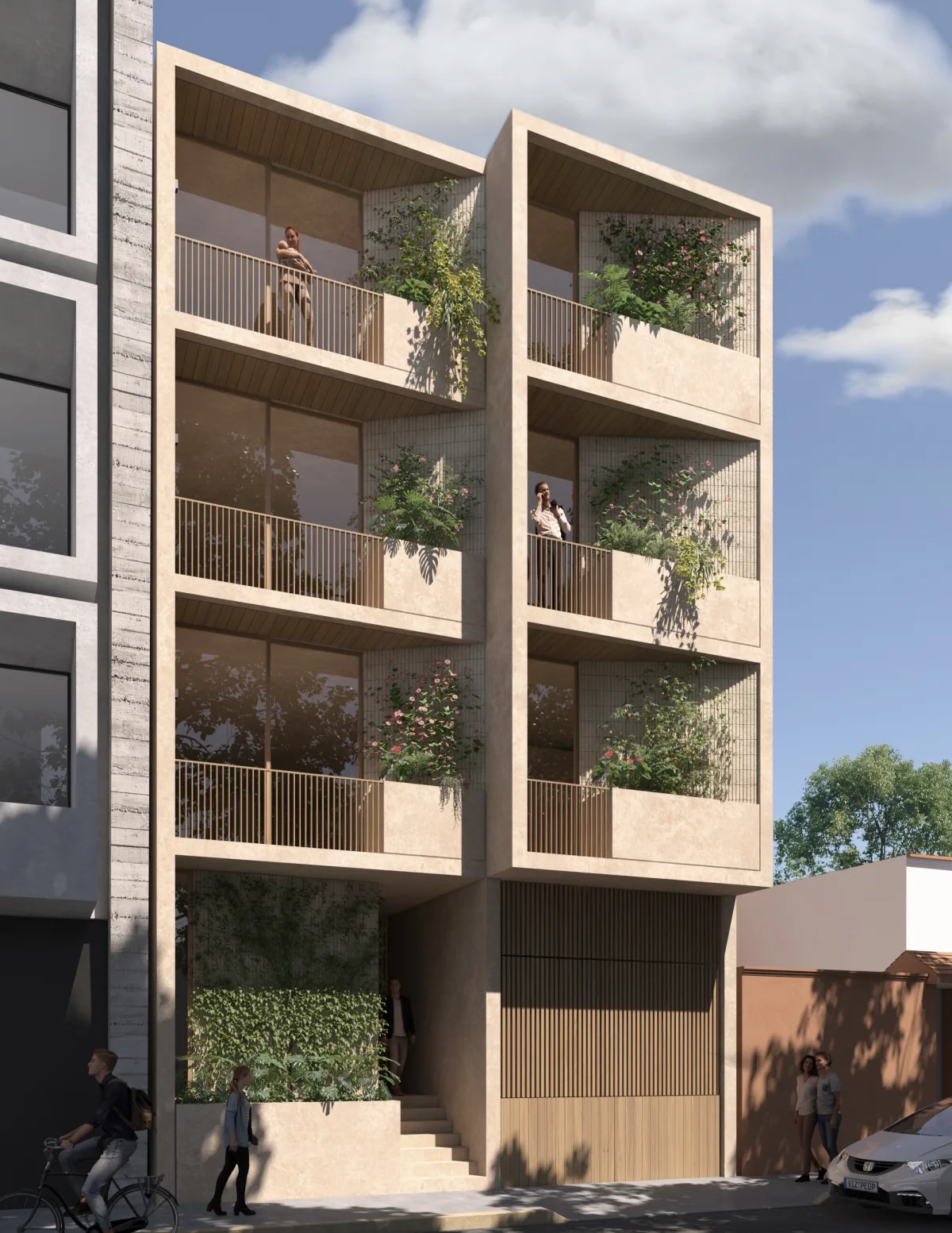 Fachada de Torre Ganges con balcones privados y vegetación
